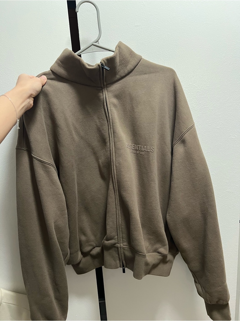 ESSENTIALS Taupe High-Collar Zip-up with Logo